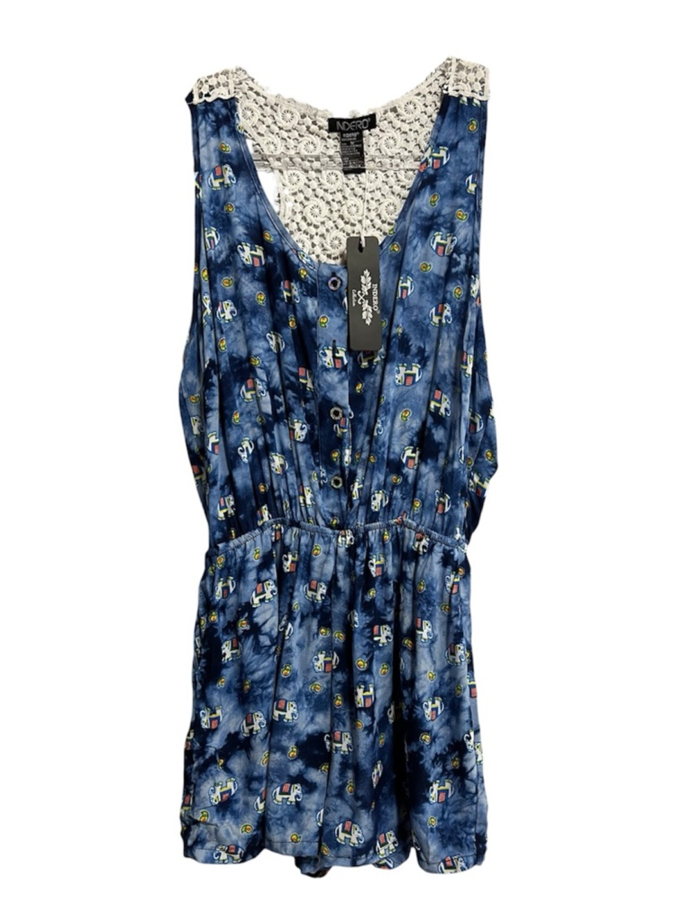 Indero blue tie-dye romper with a white lace back and elephant pattern. Jr M